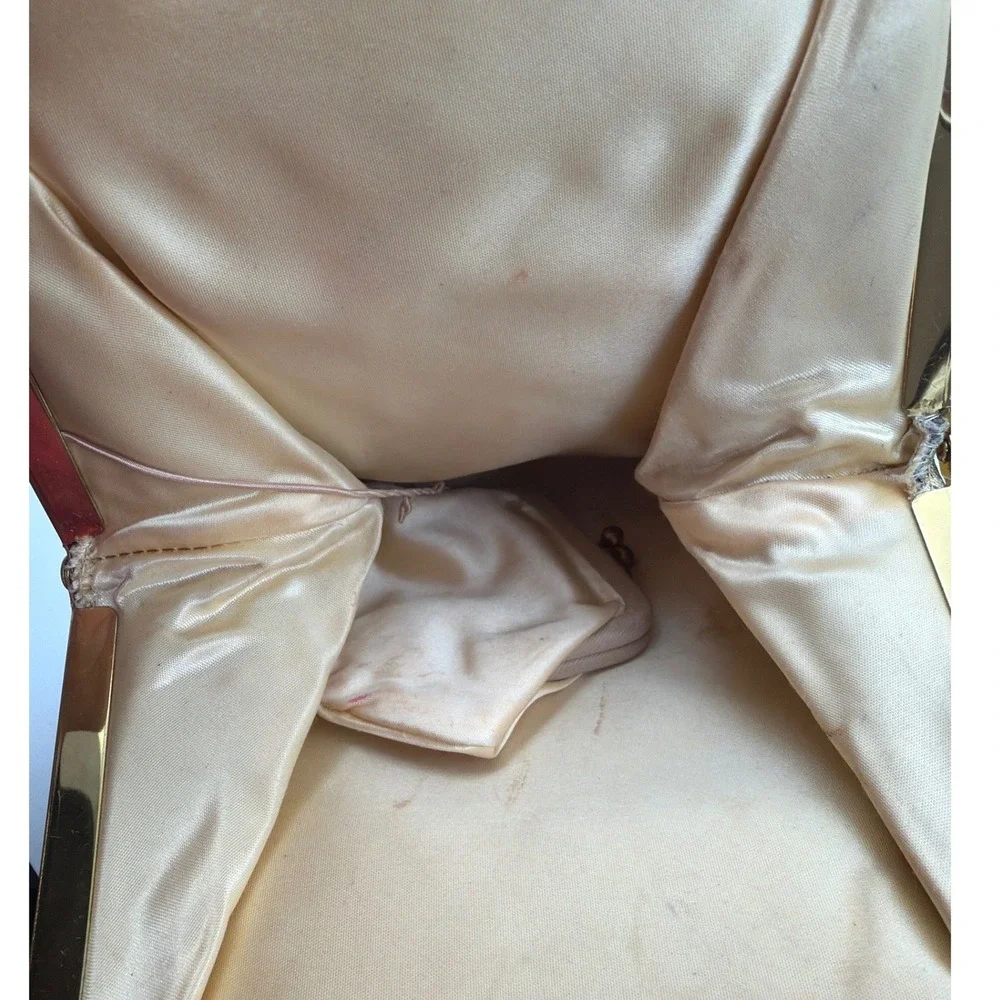 Vintage Gold Satin Evening Bag Ornate Frame Chain Strap‎ Clutch w/ Coin Bag